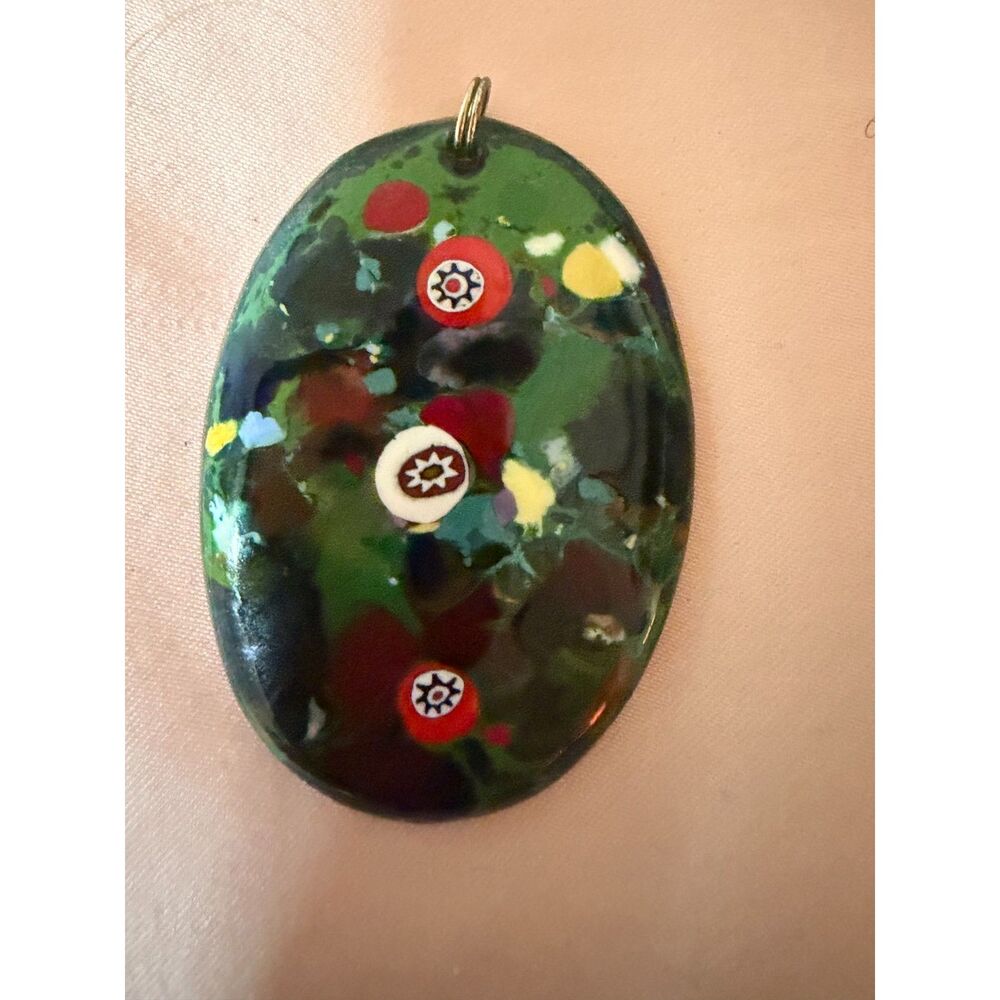 Vintage Murano Millefiori Glass Pendant Oval Green Art Glass Italy Mid Century